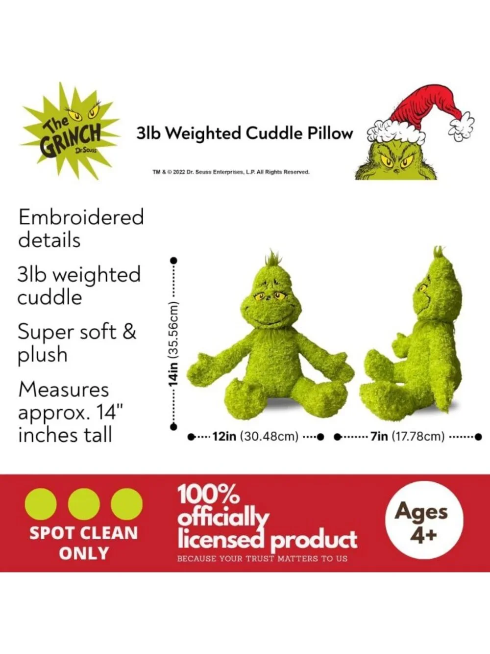 Super Soft Plush Grinch Weighted Cuddle Pillow Buddy - 3lb Comfort Pillow